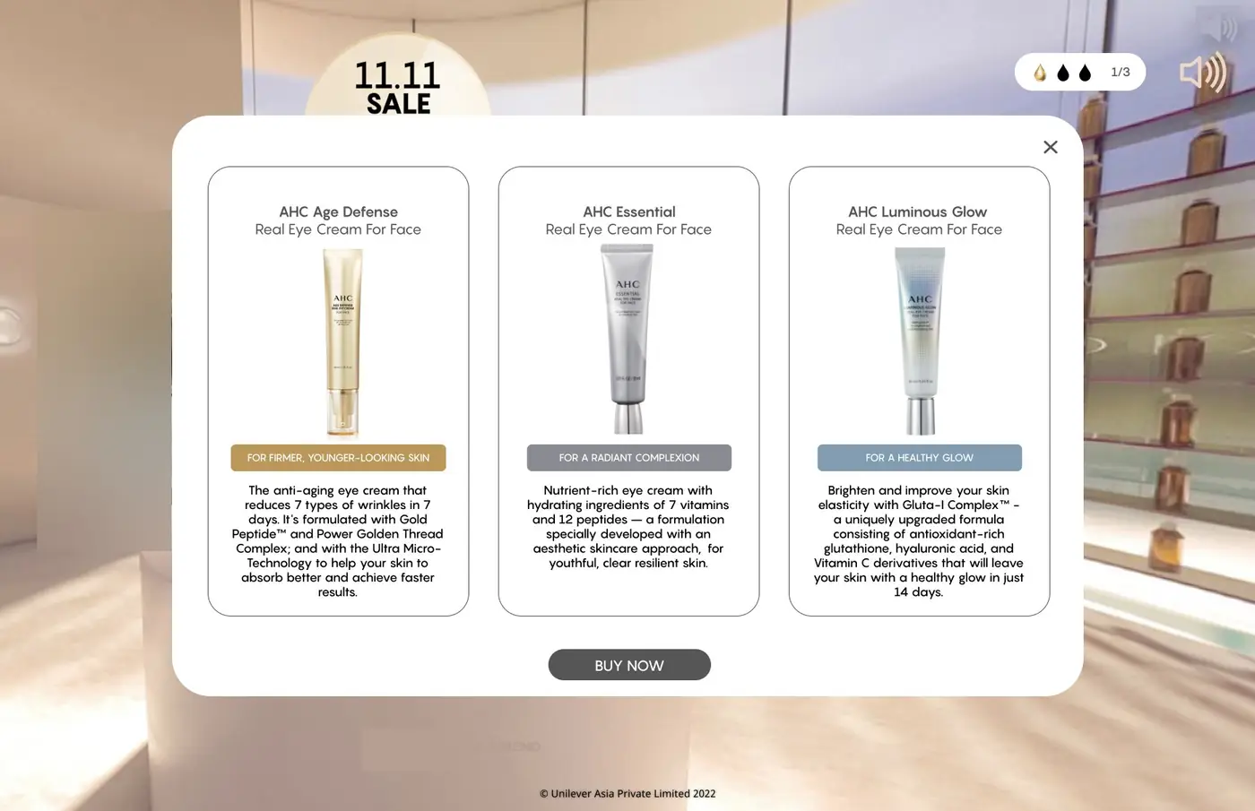 The product cards in the room; the ambassador's portrait blurred