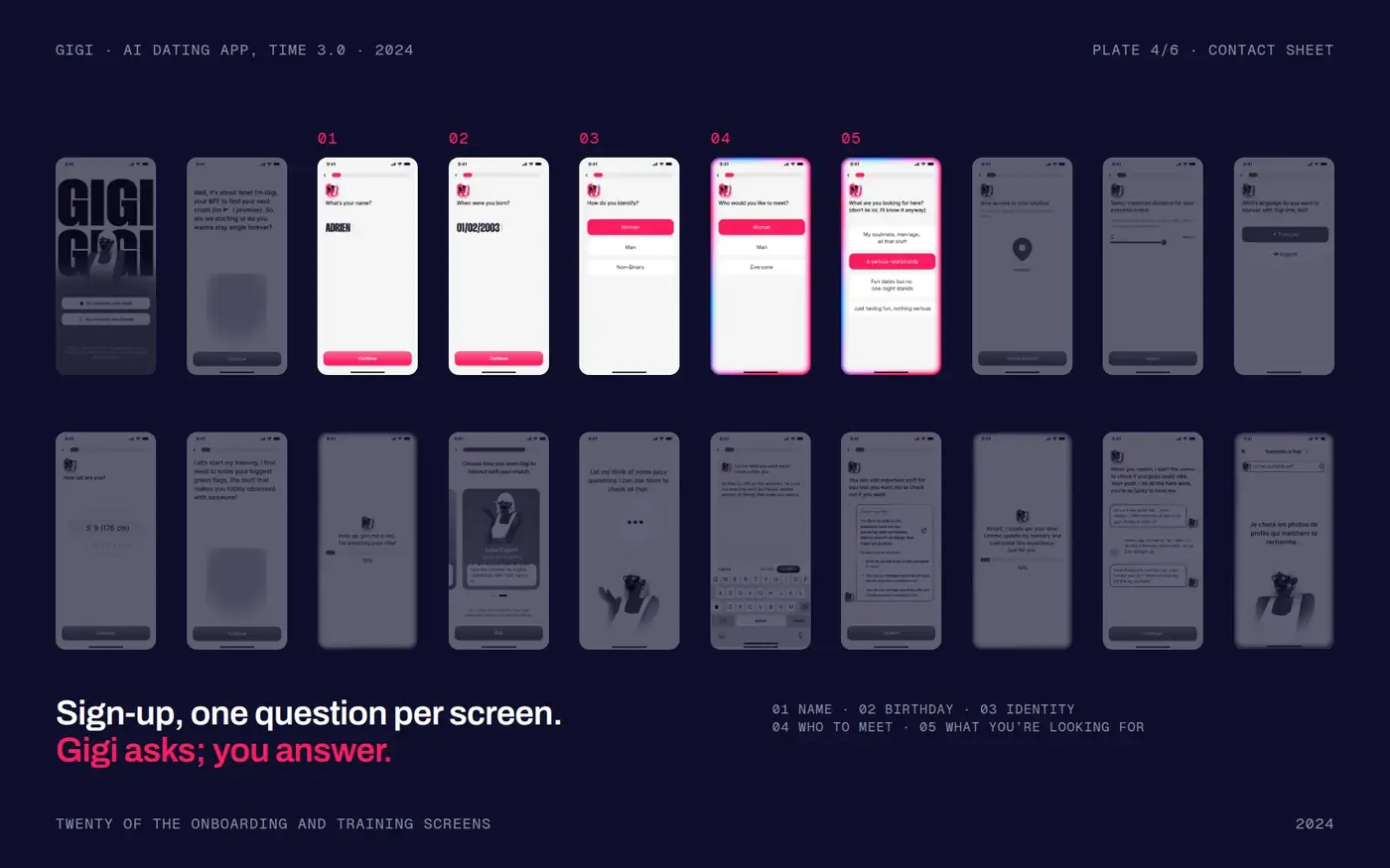 Contact sheet: five sign-up questions in colour, among twenty screens
