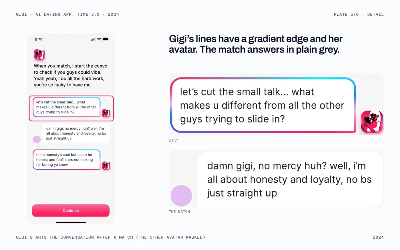 Gigi's lines against the match's; the other avatar masked