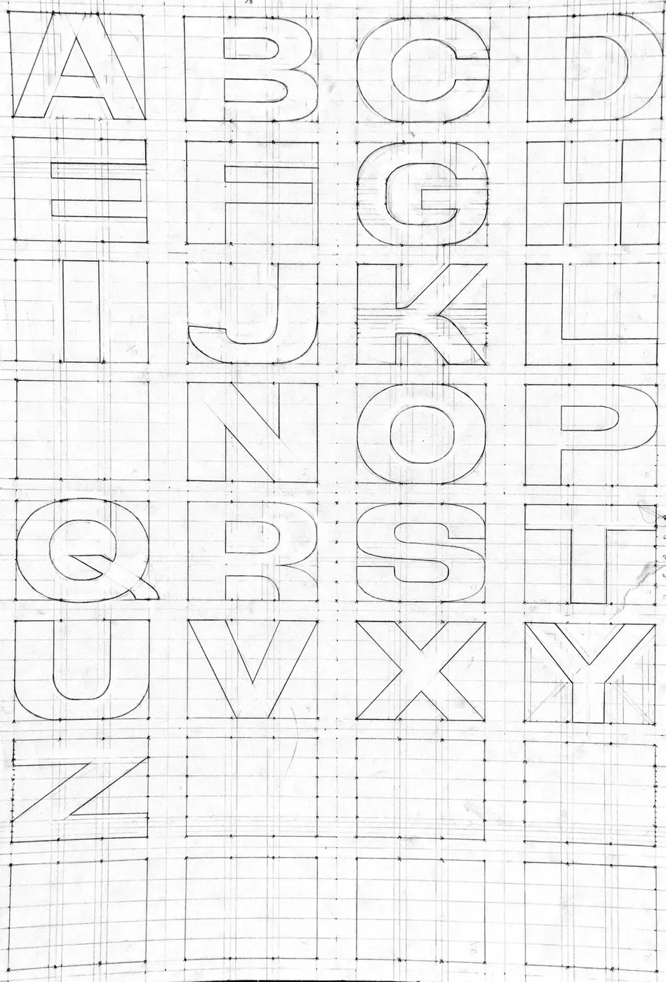 An alphabet on a grid, unfinished