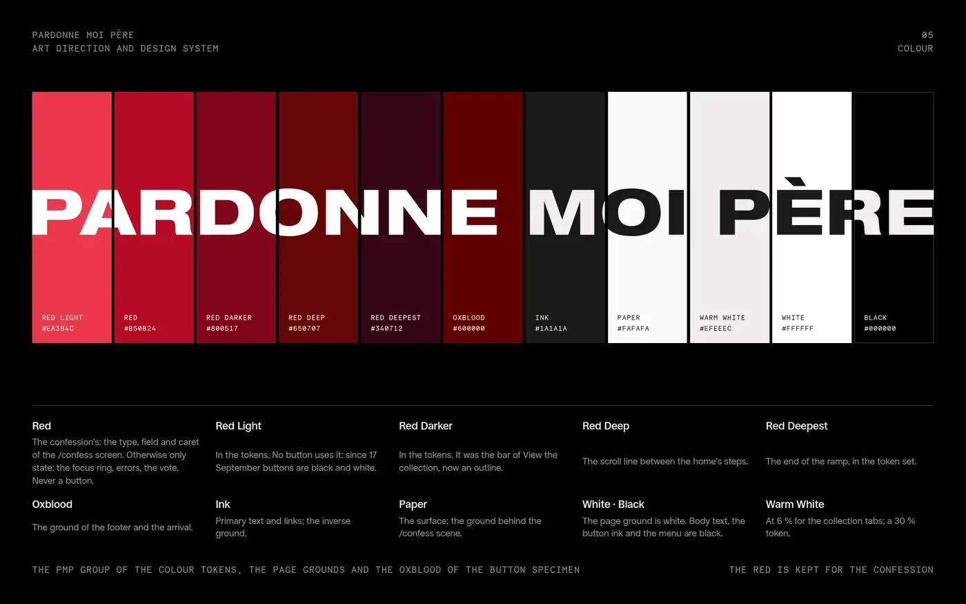 Colour: the reds, oxblood, ink, paper, warm white, white, black, with the name across them