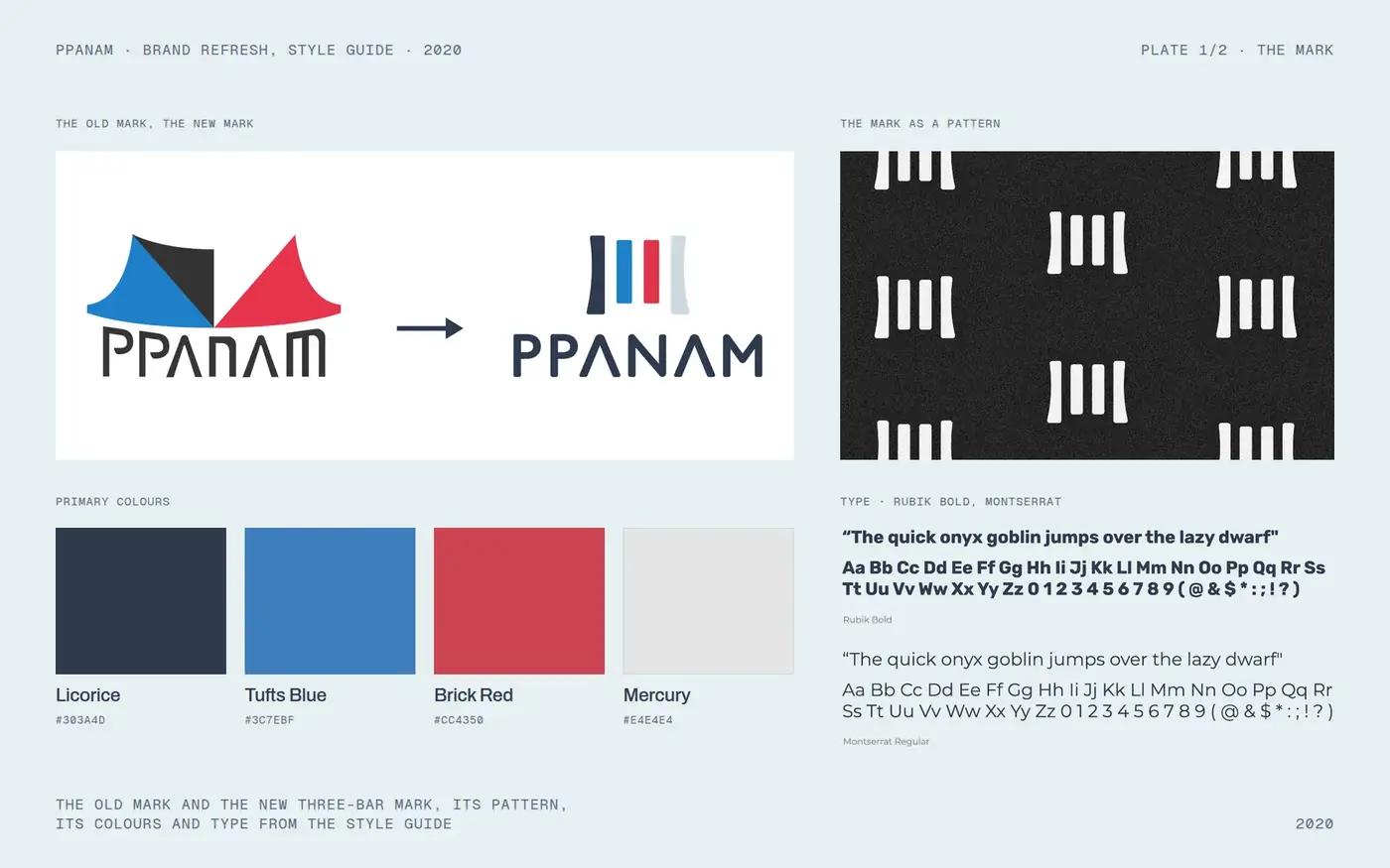 The old mark and the new three-bar mark, its pattern, colours and type