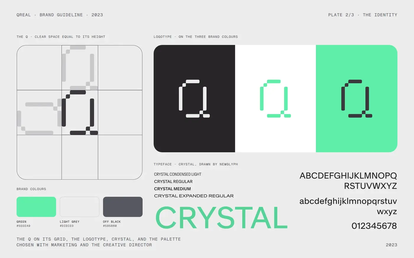 The pixel Q on its grid, the logotype on the three brand colours, Crystal and the palette