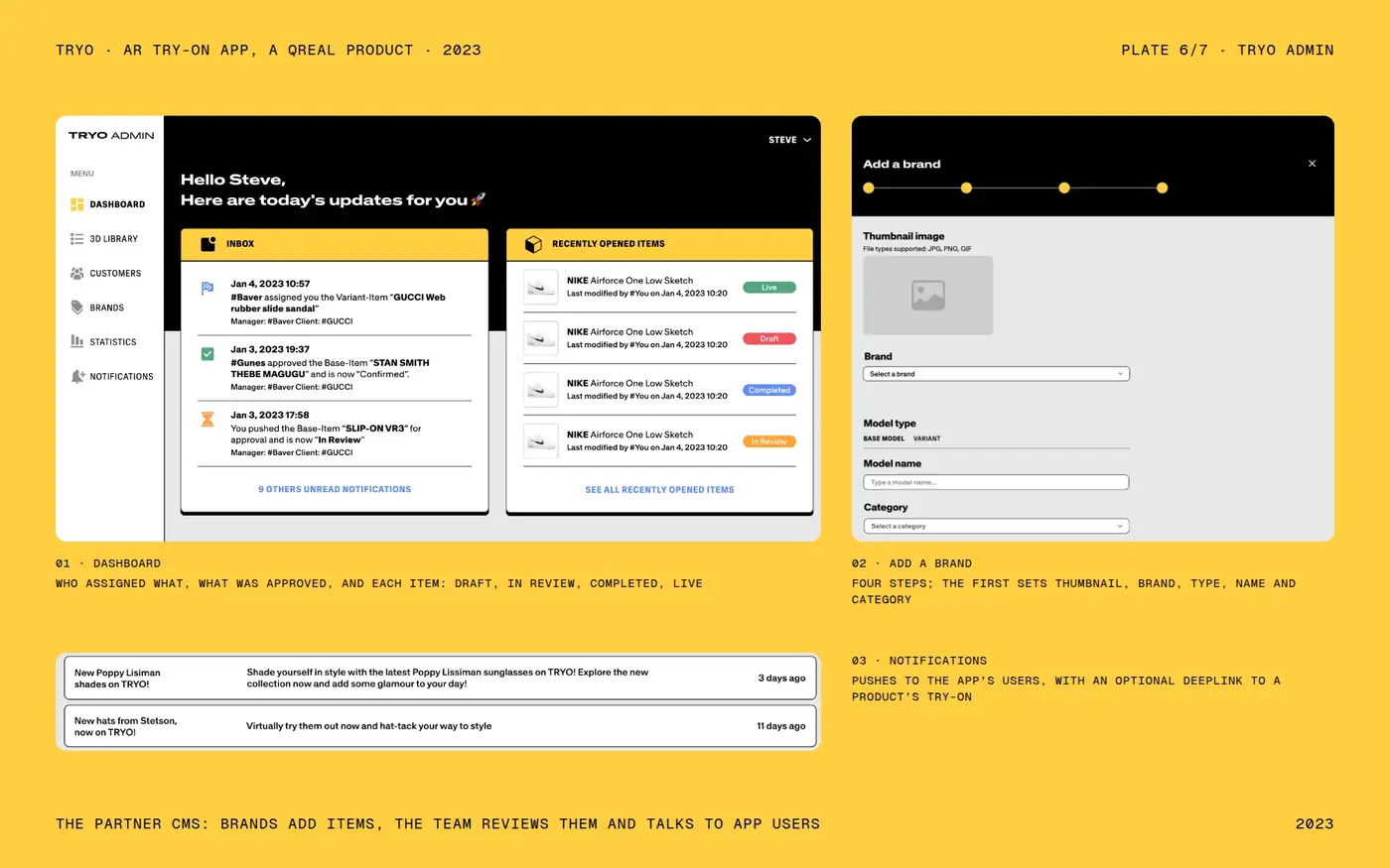 The partner CMS: the dashboard, adding a brand in four steps, the push history