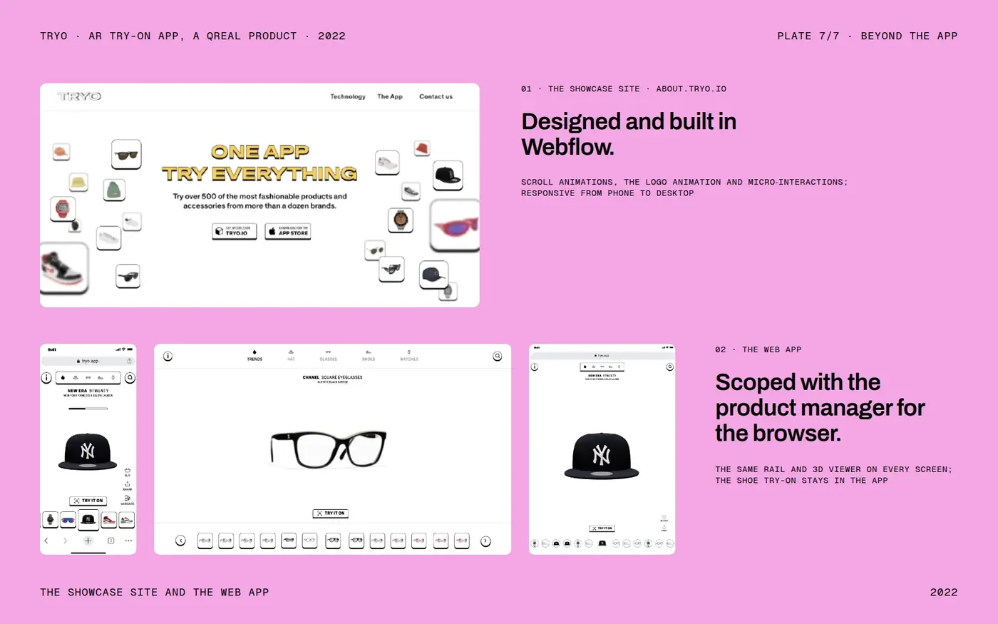 The showcase site, built in Webflow, and the web app on phone, desktop and tablet